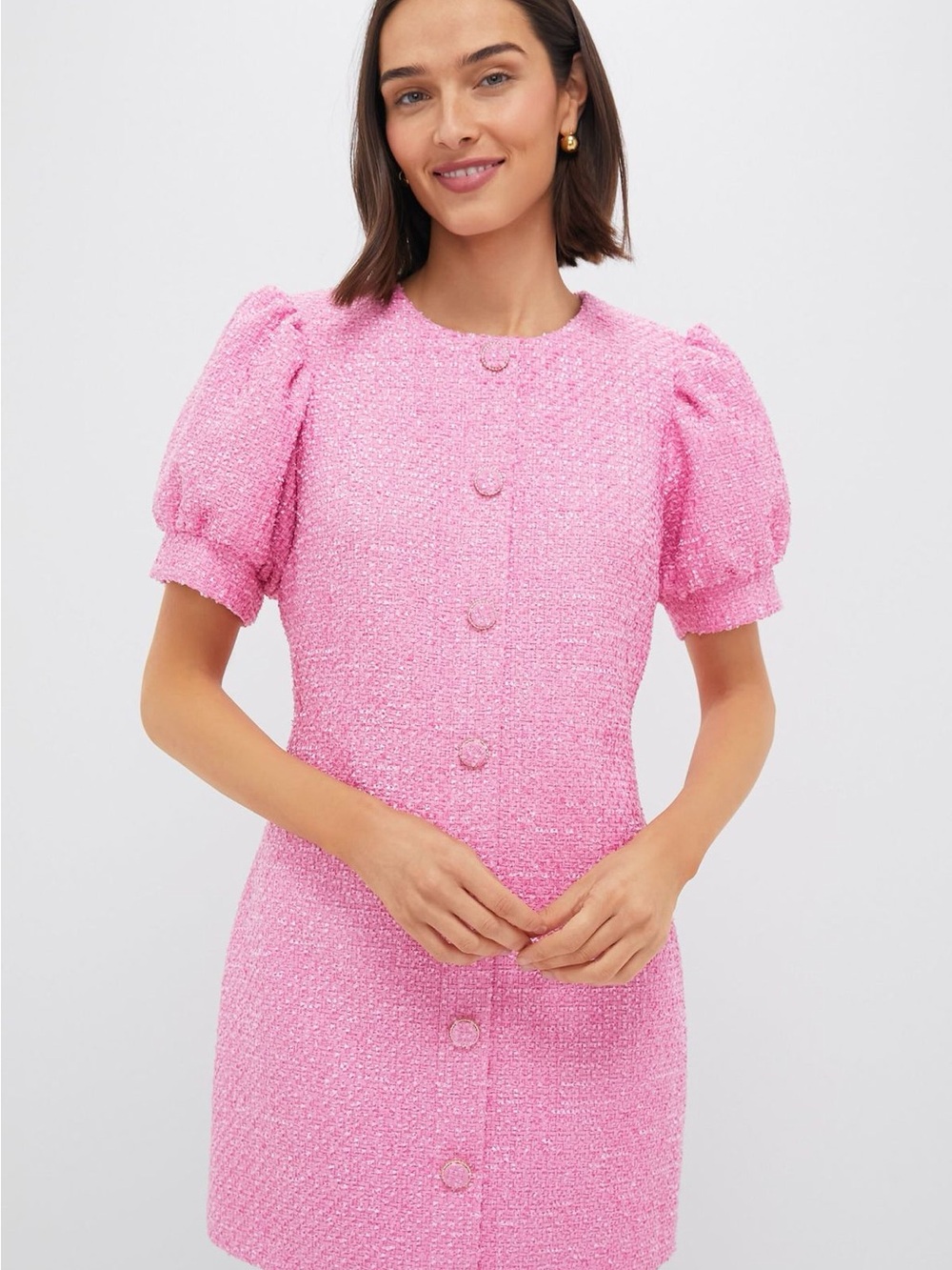 Pink Puff-Sleeve Tweed Mini Dress